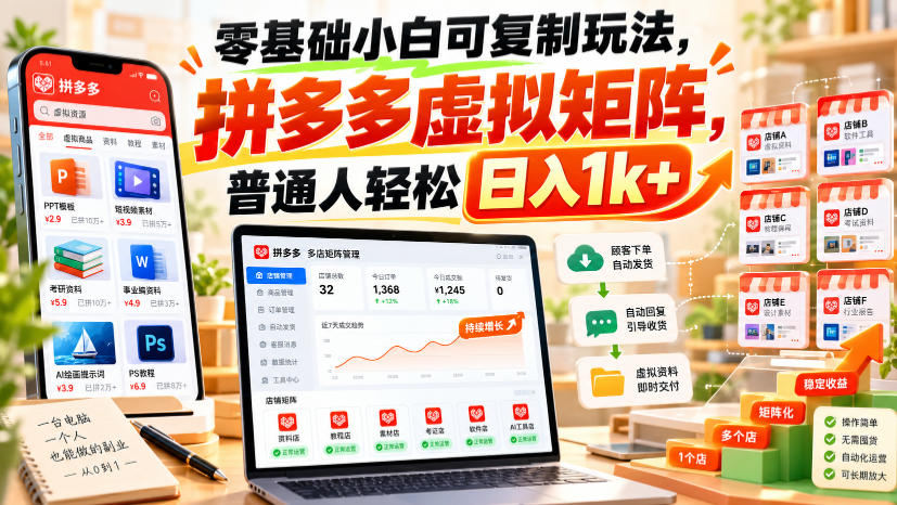 零基础小白可复制玩法，拼多多虚拟矩阵，普通人轻松日入1k+瀚萌资源网-网赚网-网赚项目网-虚拟资源网-国学资源网-易学资源网-本站有全网最新网赚项目-易学课程资源-中医课程资源的在线下载网站！瀚萌资源网