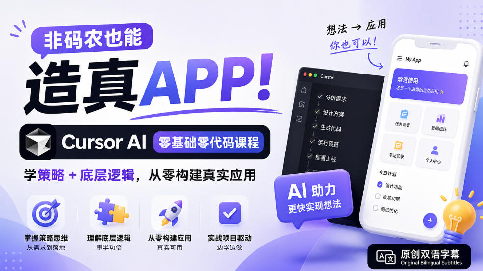 非码农也能造真APP！Cursor AI零基础零代码课程：学策略+底层逻辑，从零构建真实应用【原创双语字幕】瀚萌资源网-网赚网-网赚项目网-虚拟资源网-国学资源网-易学资源网-本站有全网最新网赚项目-易学课程资源-中医课程资源的在线下载网站！瀚萌资源网