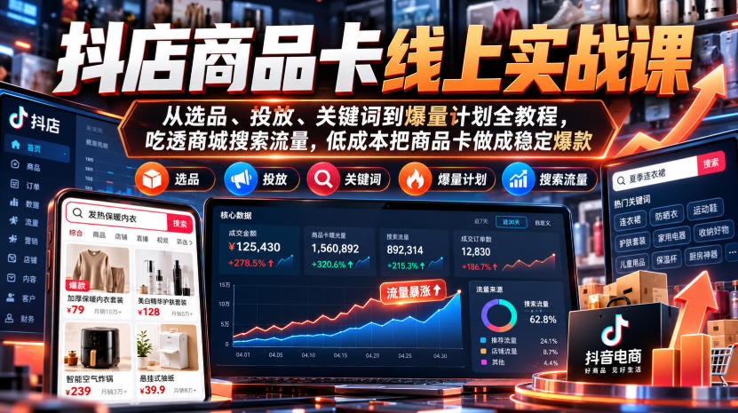 抖店商品卡线上实战课｜从选品、投放、关键词到爆量计划全教程，吃透商城搜索流量，低成本把商品卡做成稳定爆款瀚萌资源网-网赚网-网赚项目网-虚拟资源网-国学资源网-易学资源网-本站有全网最新网赚项目-易学课程资源-中医课程资源的在线下载网站！瀚萌资源网