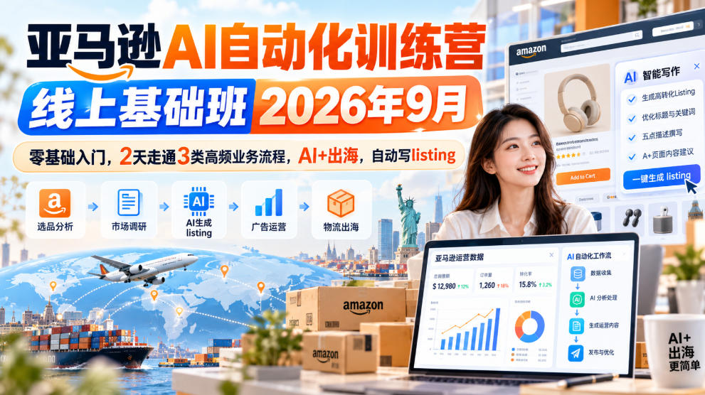 亚马逊AI自动化训练营线上基础班2026年9月，零基础入门，2天走通3类高频业务流程，AI+出海，自动写listing瀚萌资源网-网赚网-网赚项目网-虚拟资源网-国学资源网-易学资源网-本站有全网最新网赚项目-易学课程资源-中医课程资源的在线下载网站！瀚萌资源网
