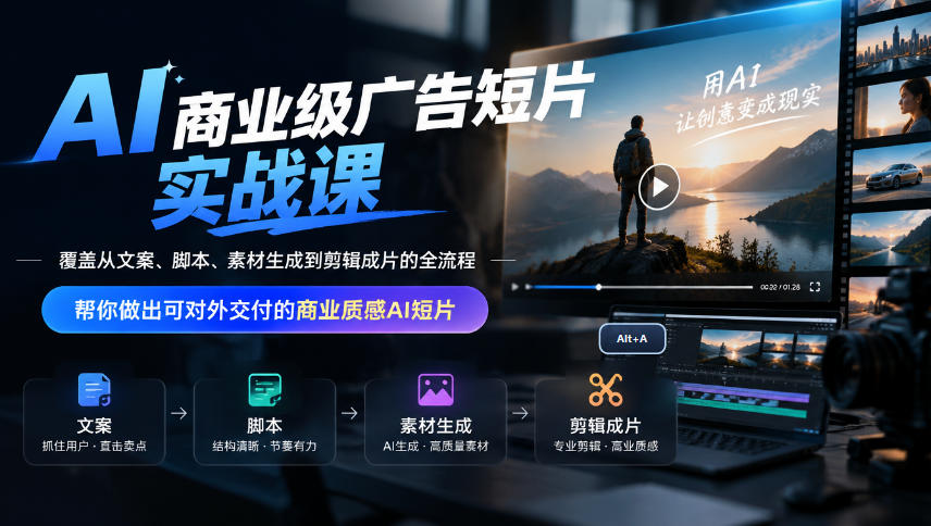AI商业级广告短片实战课，覆盖从文案、脚本、素材生成到剪辑成片的全流程，帮你做出可对外交付的商业质感AI短片瀚萌资源网-网赚网-网赚项目网-虚拟资源网-国学资源网-易学资源网-本站有全网最新网赚项目-易学课程资源-中医课程资源的在线下载网站！瀚萌资源网