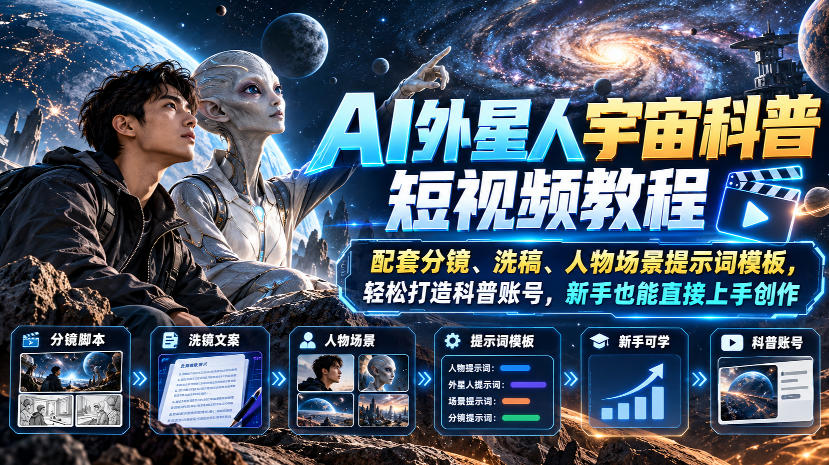 AI外星人宇宙科普短视频教程，配套分镜、洗稿、人物场景提示词模板，轻松打造科普账号，新手也能直接上手创作瀚萌资源网-网赚网-网赚项目网-虚拟资源网-国学资源网-易学资源网-本站有全网最新网赚项目-易学课程资源-中医课程资源的在线下载网站！瀚萌资源网