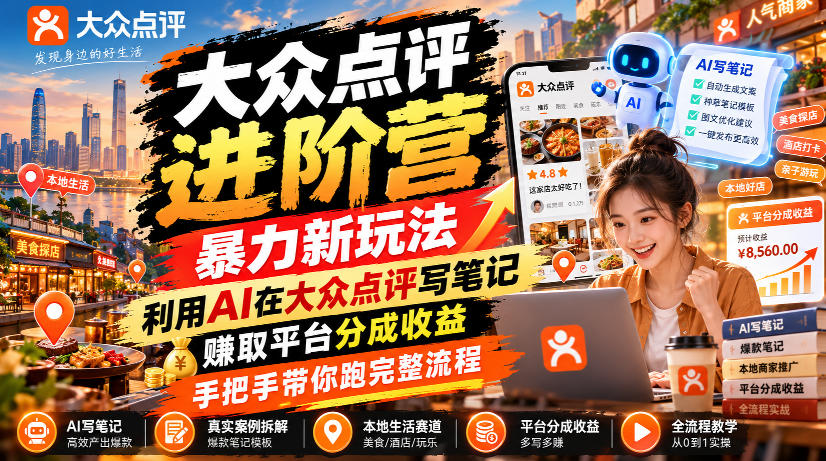 大众点评进阶营，暴力新玩法，利用AI在大众点评写笔记， 賺取平台分成收益，手把手带你跑完整流程瀚萌资源网-网赚网-网赚项目网-虚拟资源网-国学资源网-易学资源网-本站有全网最新网赚项目-易学课程资源-中医课程资源的在线下载网站！瀚萌资源网