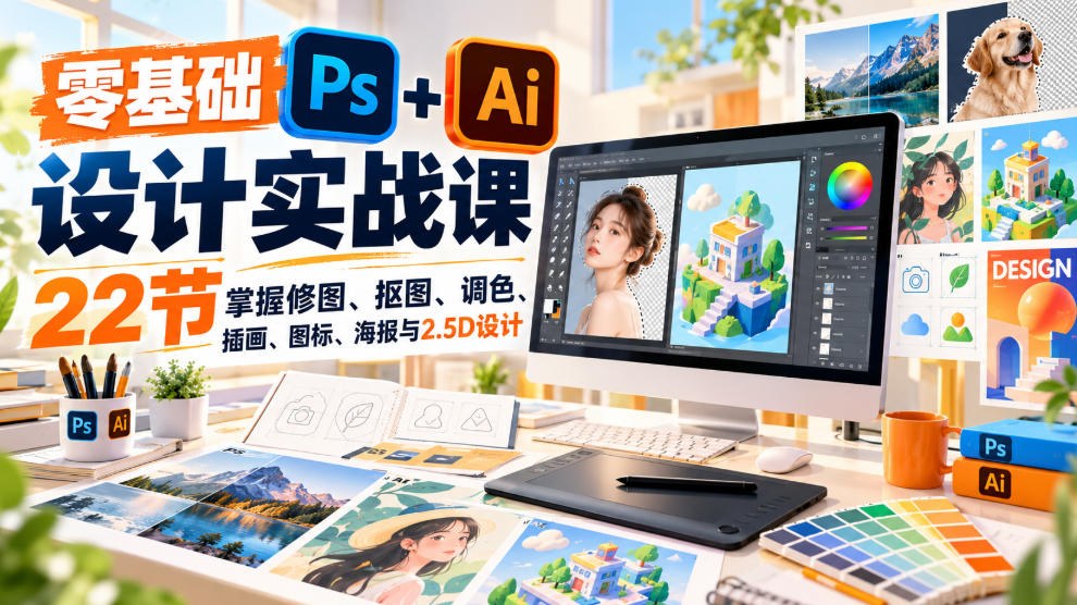 【无水印】零基础PS+AI设计实战课｜22节掌握修图、抠图、调色、插画、图标、海报与2.5D设计瀚萌资源网-网赚网-网赚项目网-虚拟资源网-国学资源网-易学资源网-本站有全网最新网赚项目-易学课程资源-中医课程资源的在线下载网站！瀚萌资源网