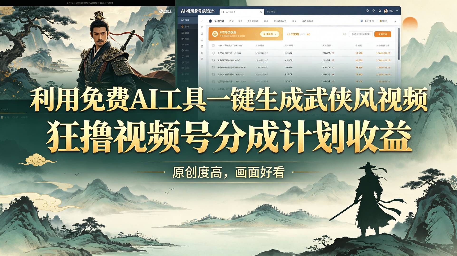 利用免费AI工具一键生成武侠风视频，狂撸视频号分成计划收益，原创度高，画面好看瀚萌资源网-网赚网-网赚项目网-虚拟资源网-国学资源网-易学资源网-本站有全网最新网赚项目-易学课程资源-中医课程资源的在线下载网站！瀚萌资源网