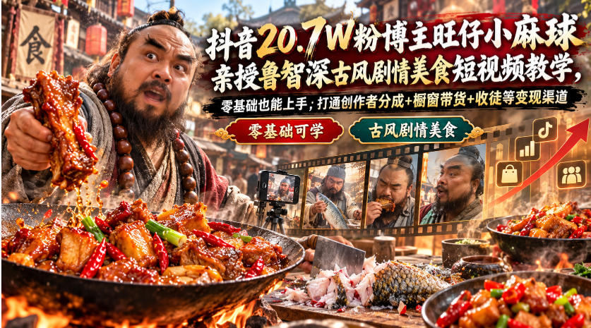抖音20.7W粉博主旺仔小麻球亲授鲁智深古风剧情美食短视频教学，零基础也能上手，打通创作者分成+橱窗带货+收徒等变现渠道瀚萌资源网-网赚网-网赚项目网-虚拟资源网-国学资源网-易学资源网-本站有全网最新网赚项目-易学课程资源-中医课程资源的在线下载网站！瀚萌资源网