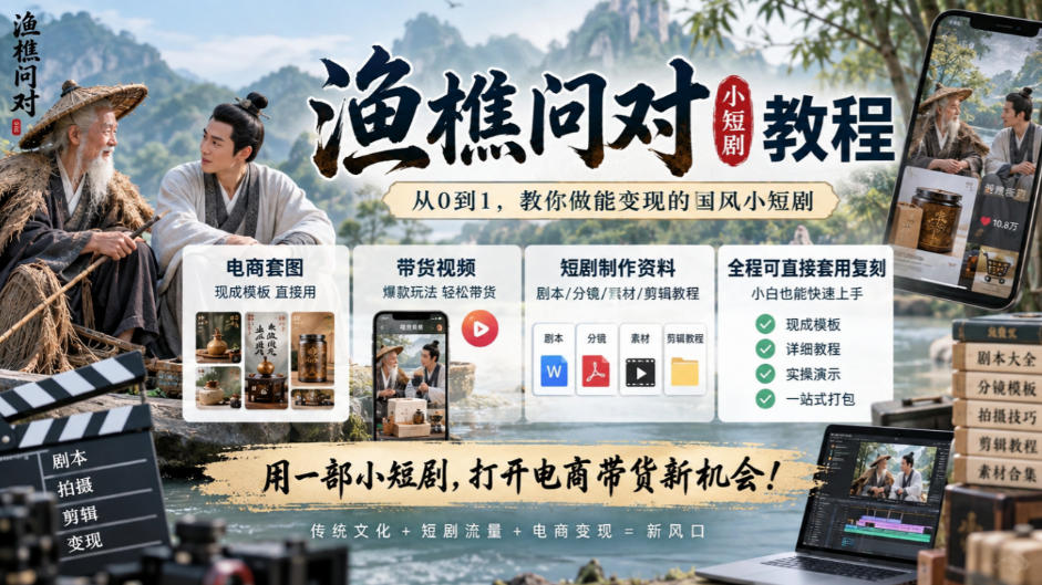 渔樵问对小短剧教程，包含电商套图、带货视频，短剧制作资料，全程可直接套用复刻瀚萌资源网-网赚网-网赚项目网-虚拟资源网-国学资源网-易学资源网-本站有全网最新网赚项目-易学课程资源-中医课程资源的在线下载网站！瀚萌资源网