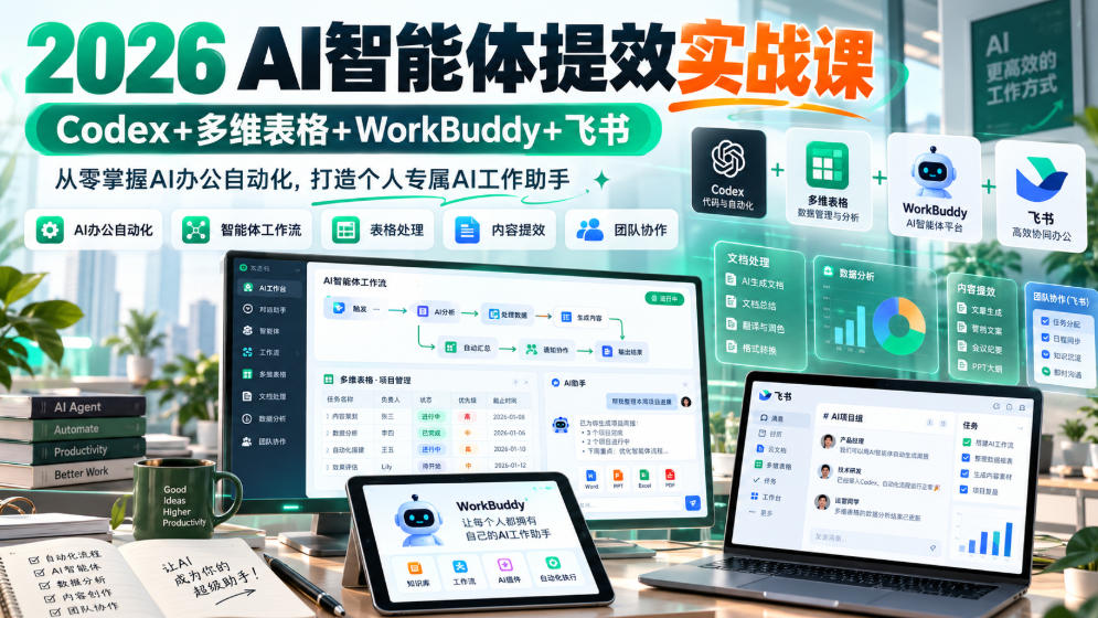 2026 AI智能体提效实战课：Codex+多维表格+WorkBuddy+飞书，从零掌握AI办公自动化，打造个人专属AI工作助手瀚萌资源网-网赚网-网赚项目网-虚拟资源网-国学资源网-易学资源网-本站有全网最新网赚项目-易学课程资源-中医课程资源的在线下载网站！瀚萌资源网