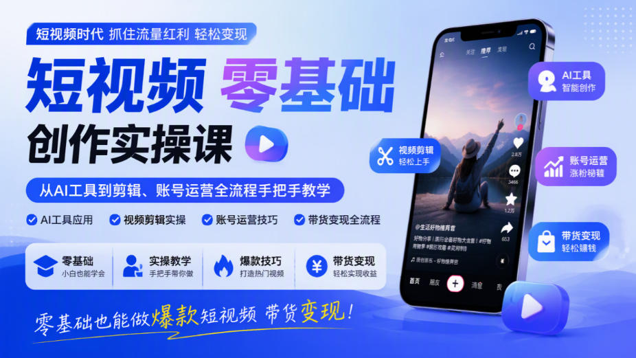 短视频零基础创作实操课，从AI工具到剪辑、账号运营全流程手把手教学，零基础也能做爆款短视频带货变现瀚萌资源网-网赚网-网赚项目网-虚拟资源网-国学资源网-易学资源网-本站有全网最新网赚项目-易学课程资源-中医课程资源的在线下载网站！瀚萌资源网