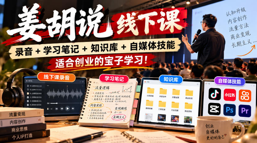 姜胡说线下课录音＋学习笔记＋知识库＋自媒体技能，​适合创业的宝子学习！瀚萌资源网-网赚网-网赚项目网-虚拟资源网-国学资源网-易学资源网-本站有全网最新网赚项目-易学课程资源-中医课程资源的在线下载网站！瀚萌资源网