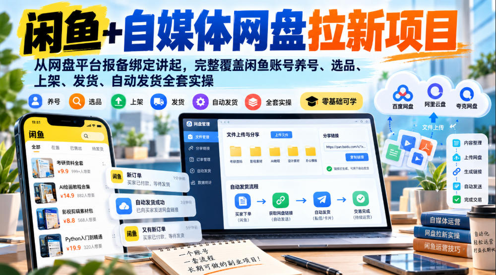 闲鱼+自媒体网盘拉新项目，从网盘平台报备绑定讲起，完整覆盖闲鱼账号养号、选品、上架、发货、自动发货全套实操瀚萌资源网-网赚网-网赚项目网-虚拟资源网-国学资源网-易学资源网-本站有全网最新网赚项目-易学课程资源-中医课程资源的在线下载网站！瀚萌资源网