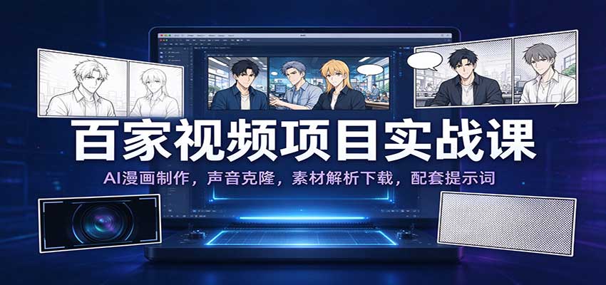 百家视频项目实战课：AI漫画制作，声音克隆，素材解析下载，配套提示词瀚萌资源网-网赚网-网赚项目网-虚拟资源网-国学资源网-易学资源网-本站有全网最新网赚项目-易学课程资源-中医课程资源的在线下载网站！瀚萌资源网