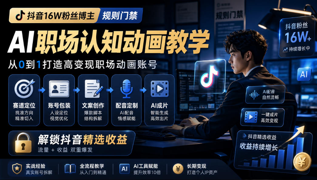 抖音16W粉丝博主规则门禁的AI职场认知动画教学，从赛道定位、账号包装，到文案创作、配音定制、AI成片，解锁抖音精选收益瀚萌资源网-网赚网-网赚项目网-虚拟资源网-国学资源网-易学资源网-本站有全网最新网赚项目-易学课程资源-中医课程资源的在线下载网站！瀚萌资源网