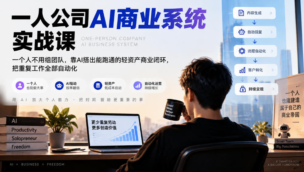 一人公司AI商业系统实战课，一个人不用组团队，靠AI搭出能跑通的轻资产商业闭环，把重复工作全部自动化瀚萌资源网-网赚网-网赚项目网-虚拟资源网-国学资源网-易学资源网-本站有全网最新网赚项目-易学课程资源-中医课程资源的在线下载网站！瀚萌资源网