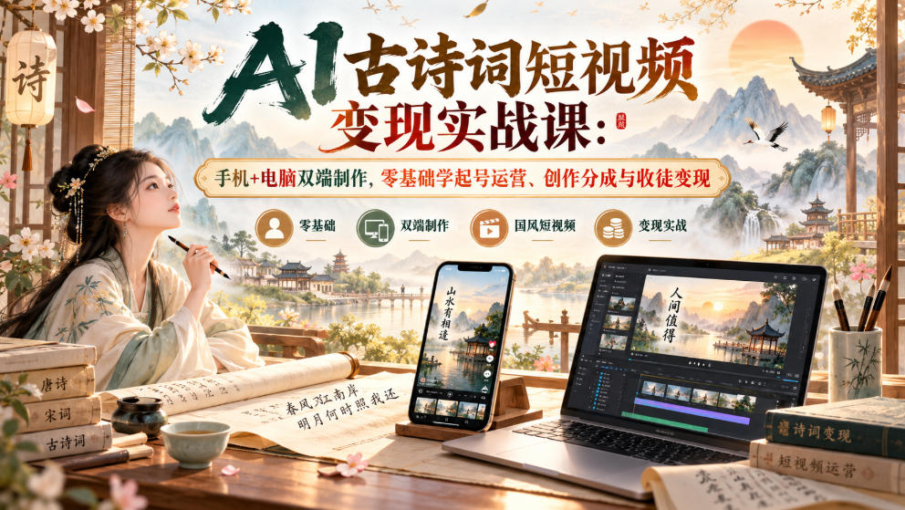 AI古诗词短视频变现实战课：手机+电脑双端制作，零基础学起号运营、创作分成与收徒变现瀚萌资源网-网赚网-网赚项目网-虚拟资源网-国学资源网-易学资源网-本站有全网最新网赚项目-易学课程资源-中医课程资源的在线下载网站！瀚萌资源网