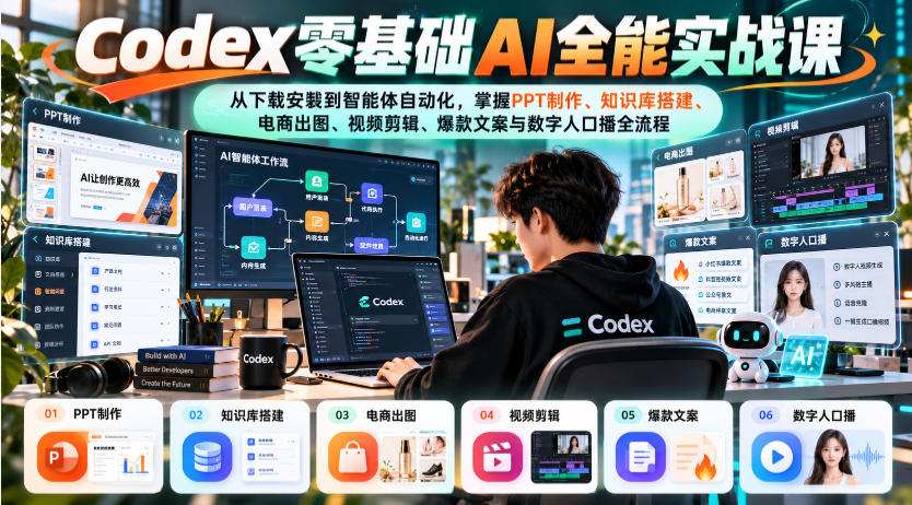 Codex零基础AI全能实战课：从下载安装到智能体自动化，掌握知识库搭建、电商出图、视频剪辑、爆款文案与数字人口播全流程瀚萌资源网-网赚网-网赚项目网-虚拟资源网-国学资源网-易学资源网-本站有全网最新网赚项目-易学课程资源-中医课程资源的在线下载网站！瀚萌资源网