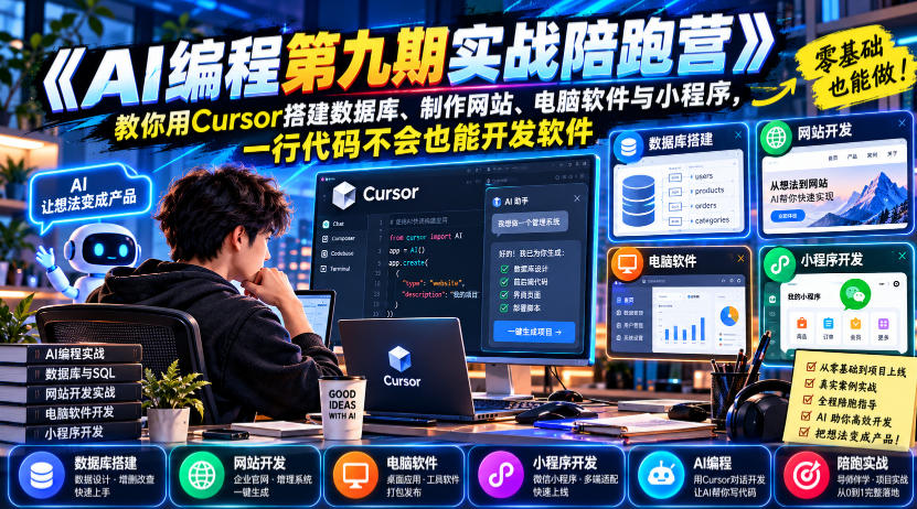 图片[1]瀚萌资源网-网赚网-网赚项目网-虚拟资源网-国学资源网-易学资源网-本站有全网最新网赚项目-易学课程资源-中医课程资源的在线下载网站！【无水印】《AI编程第九期实战陪跑营》教你用Cursor搭建数据库、制作网站、电脑软件与小程序，一行代码不会也能开发软件瀚萌资源网-网赚网-网赚项目网-虚拟资源网-国学资源网-易学资源网-本站有全网最新网赚项目-易学课程资源-中医课程资源的在线下载网站！瀚萌资源网