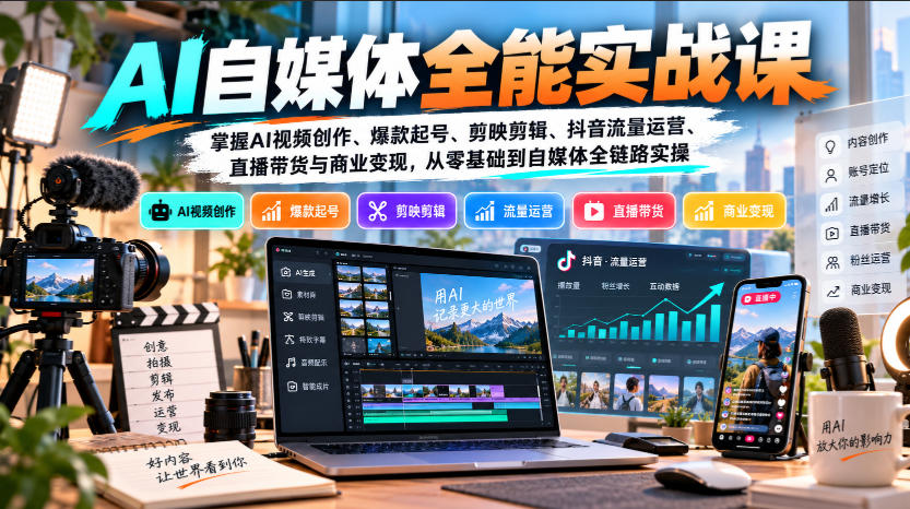 【无水印】AI自媒体全能实战课，掌握AI视频创作、爆款起号、剪映剪辑、抖音流量运营、直播带货与商业变现，从零基础到自媒体全链路实操瀚萌资源网-网赚网-网赚项目网-虚拟资源网-国学资源网-易学资源网-本站有全网最新网赚项目-易学课程资源-中医课程资源的在线下载网站！瀚萌资源网