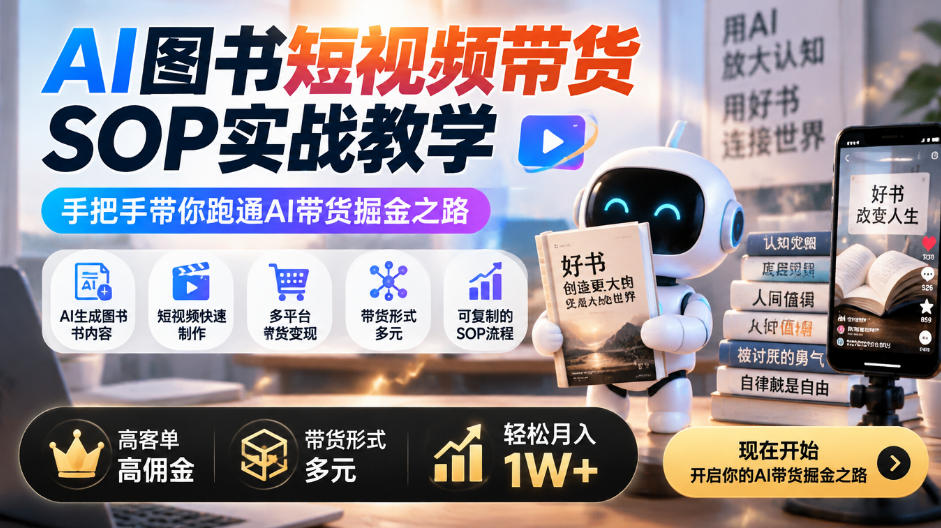 AI图书短视频带货SOP实战教学，手把手带你跑通AI带货掘金之路，高客单高佣金，带货形式多元，轻松月入1W+瀚萌资源网-网赚网-网赚项目网-虚拟资源网-国学资源网-易学资源网-本站有全网最新网赚项目-易学课程资源-中医课程资源的在线下载网站！瀚萌资源网