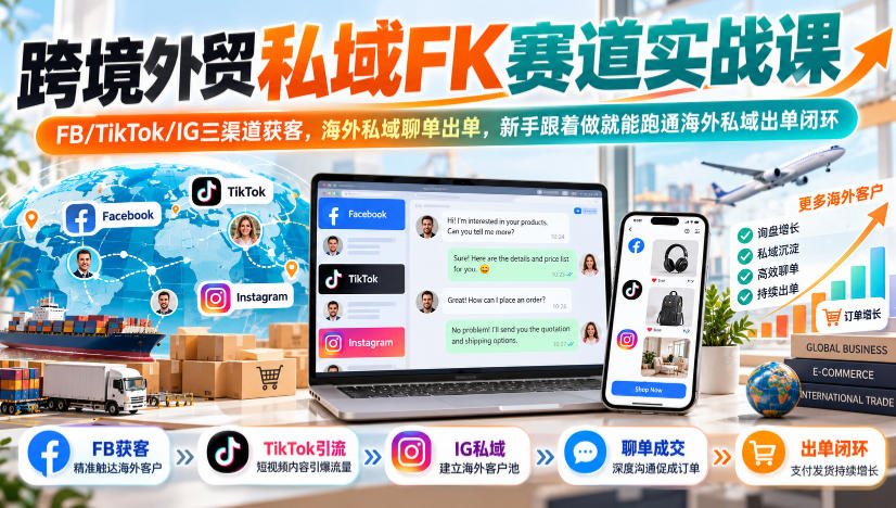跨境外贸私域FK赛道实战课｜FB/TikTok/IG三渠道获客，海外私域聊单出单，新手跟着做就能跑通海外私域出单闭环瀚萌资源网-网赚网-网赚项目网-虚拟资源网-国学资源网-易学资源网-本站有全网最新网赚项目-易学课程资源-中医课程资源的在线下载网站！瀚萌资源网