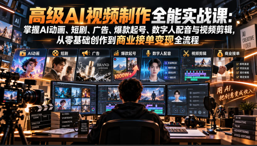 图片[1]瀚萌资源网-网赚网-网赚项目网-虚拟资源网-国学资源网-易学资源网-本站有全网最新网赚项目-易学课程资源-中医课程资源的在线下载网站！高级AI视频制作全能实战课：掌握AI动画、短剧、广告、爆款起号、数字人配音与视频剪辑，从零基础创作到商业接单变现全流程瀚萌资源网-网赚网-网赚项目网-虚拟资源网-国学资源网-易学资源网-本站有全网最新网赚项目-易学课程资源-中医课程资源的在线下载网站！瀚萌资源网