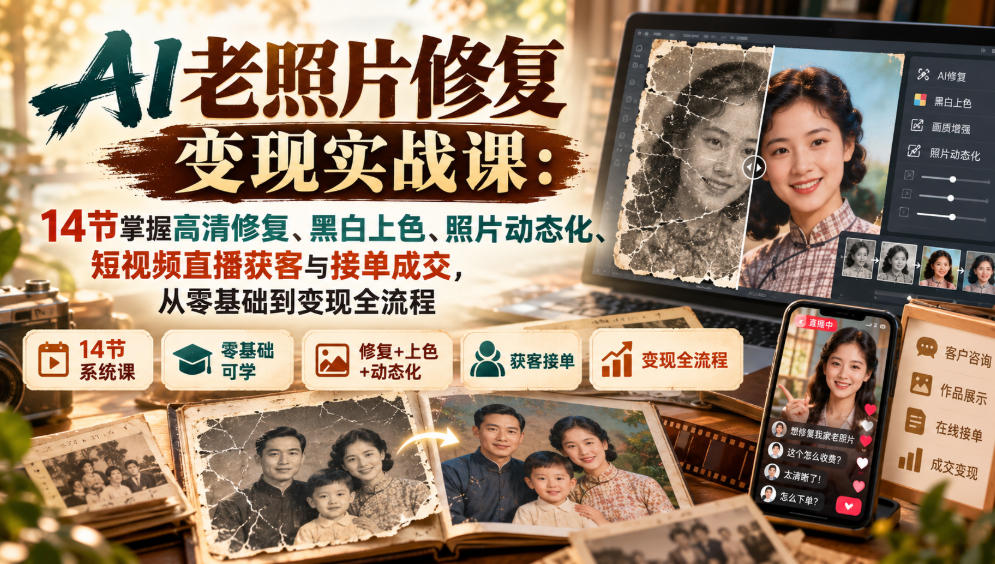 AI老照片修复变现实战课：14节掌握高清修复、黑白上色、照片动态化、短视频直播获客与接单成交，从零基础到变现全流程瀚萌资源网-网赚网-网赚项目网-虚拟资源网-国学资源网-易学资源网-本站有全网最新网赚项目-易学课程资源-中医课程资源的在线下载网站！瀚萌资源网
