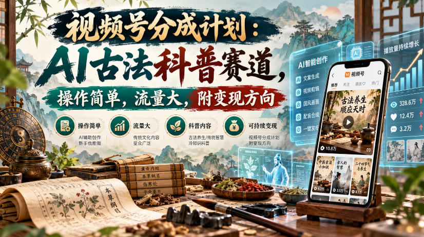 视频号分成计划：AI古法科普赛道，操作简单，流量大，附变现方向瀚萌资源网-网赚网-网赚项目网-虚拟资源网-国学资源网-易学资源网-本站有全网最新网赚项目-易学课程资源-中医课程资源的在线下载网站！瀚萌资源网