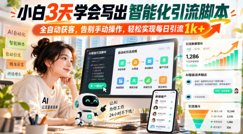 小白3天学会写出智能化引流脚本，全自动获客，告别手动操作，轻松实现每日引流1k+瀚萌资源网-网赚网-网赚项目网-虚拟资源网-国学资源网-易学资源网-本站有全网最新网赚项目-易学课程资源-中医课程资源的在线下载网站！瀚萌资源网