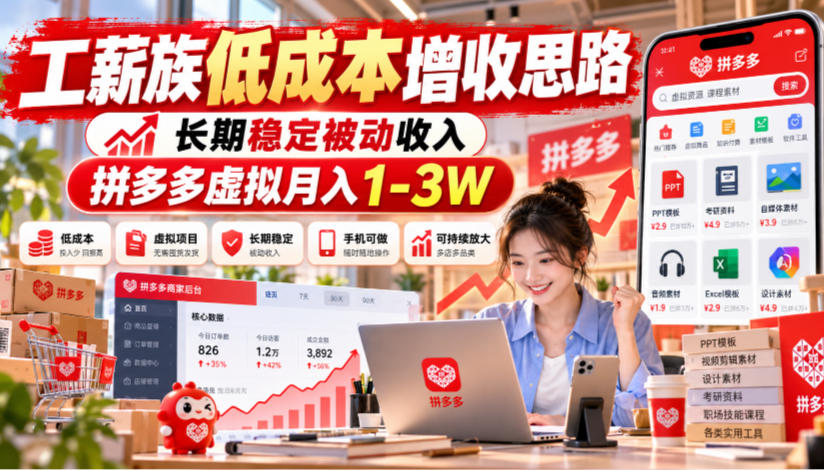 工薪族低成本增收思路，长期稳定被动收入，拼多多虚拟月入1-3W瀚萌资源网-网赚网-网赚项目网-虚拟资源网-国学资源网-易学资源网-本站有全网最新网赚项目-易学课程资源-中医课程资源的在线下载网站！瀚萌资源网