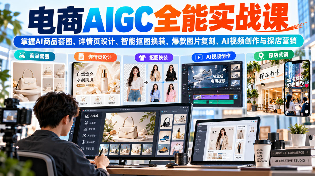 电商AIGC全能实战课：掌握AI商品套图、详情页设计、智能抠图换装、爆款图片复刻、AI视频创作与探店营销瀚萌资源网-网赚网-网赚项目网-虚拟资源网-国学资源网-易学资源网-本站有全网最新网赚项目-易学课程资源-中医课程资源的在线下载网站！瀚萌资源网