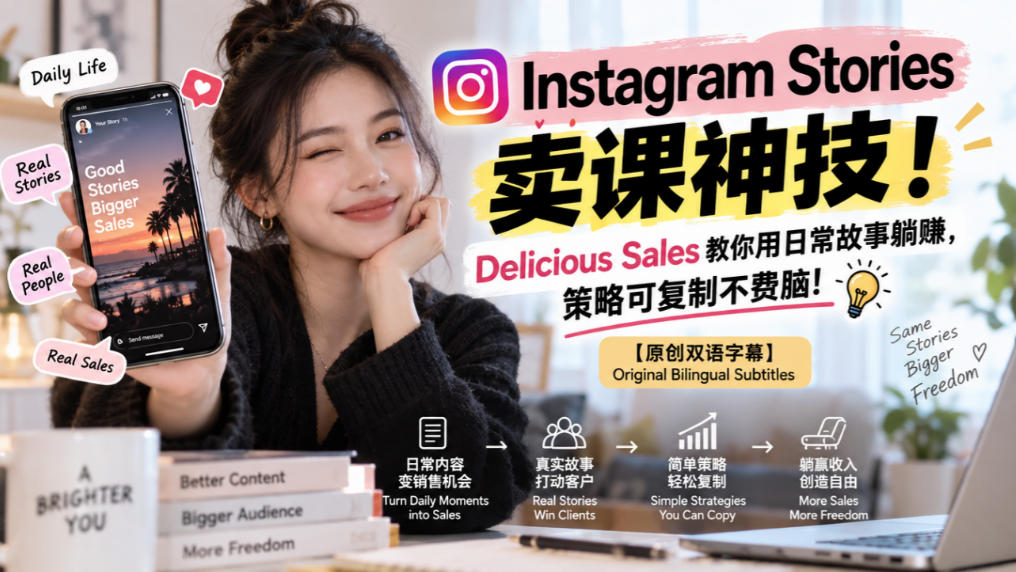 Instagram Stories卖课神技！Delicious Sales教你用日常故事躺賺，策略可复制不费脑！【原创双语字幕】瀚萌资源网-网赚网-网赚项目网-虚拟资源网-国学资源网-易学资源网-本站有全网最新网赚项目-易学课程资源-中医课程资源的在线下载网站！瀚萌资源网
