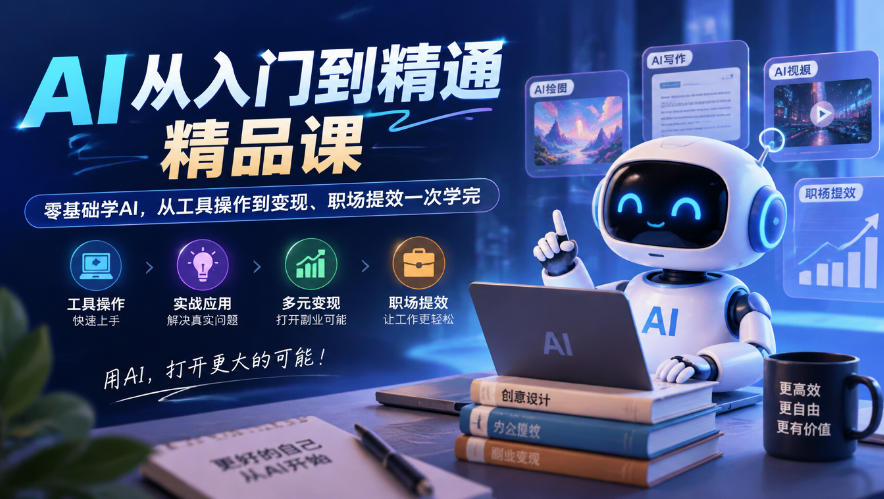 AI从入门到精通精品课，零基础学AI，从工具操作到变现、职场提效一次学完瀚萌资源网-网赚网-网赚项目网-虚拟资源网-国学资源网-易学资源网-本站有全网最新网赚项目-易学课程资源-中医课程资源的在线下载网站！瀚萌资源网