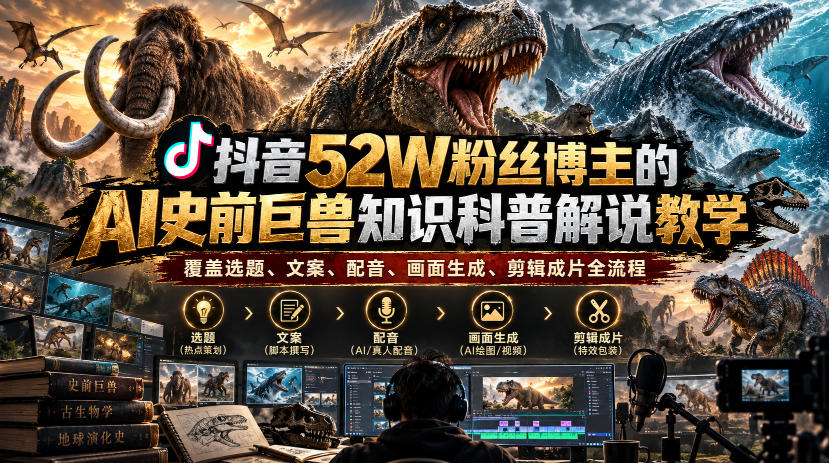 抖音52W粉丝博主的AI史前巨兽知识科普解说教学，覆盖选题、文案、配音、画面生成、剪辑成片全流程瀚萌资源网-网赚网-网赚项目网-虚拟资源网-国学资源网-易学资源网-本站有全网最新网赚项目-易学课程资源-中医课程资源的在线下载网站！瀚萌资源网
