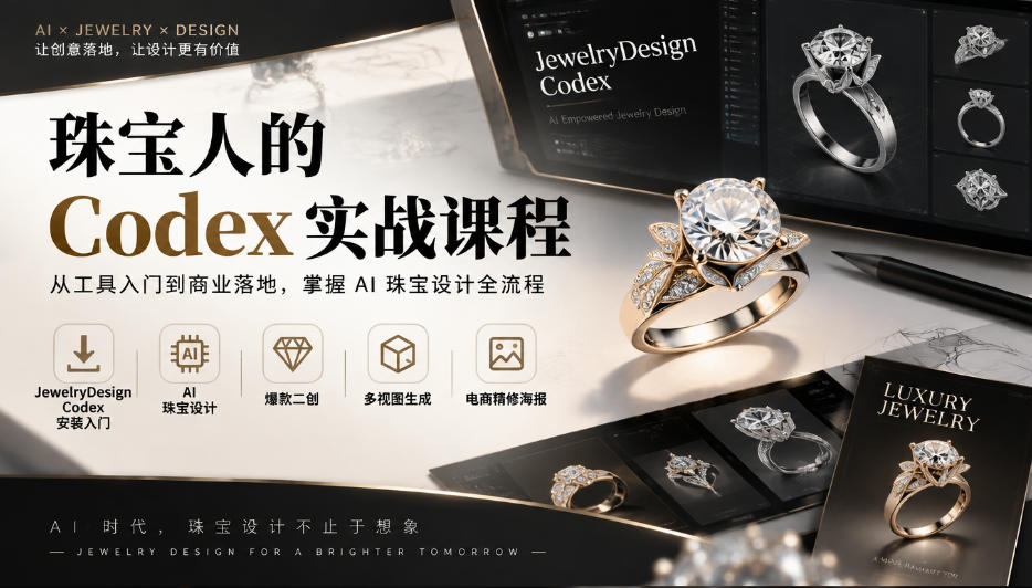 珠宝人的Codex实战课程｜JewelryDesign Codex安装入门、AI珠宝设计、爆款二创、多视图生成、电商精修海报全链路教学瀚萌资源网-网赚网-网赚项目网-虚拟资源网-国学资源网-易学资源网-本站有全网最新网赚项目-易学课程资源-中医课程资源的在线下载网站！瀚萌资源网