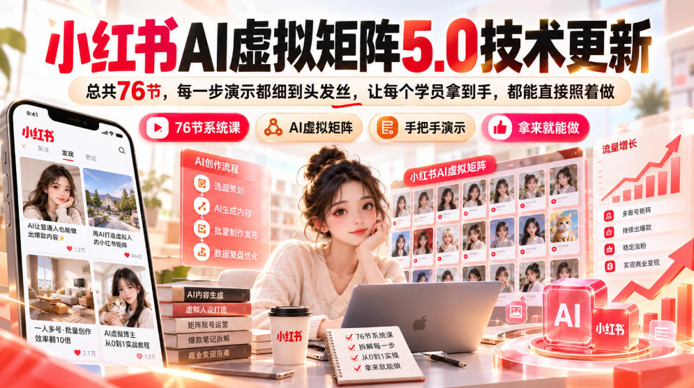 小红书AI虚拟矩阵5.0技术更新，总共76节，每一步演示都细到头发丝，让每个学员拿到手，都能直接照着做瀚萌资源网-网赚网-网赚项目网-虚拟资源网-国学资源网-易学资源网-本站有全网最新网赚项目-易学课程资源-中医课程资源的在线下载网站！瀚萌资源网