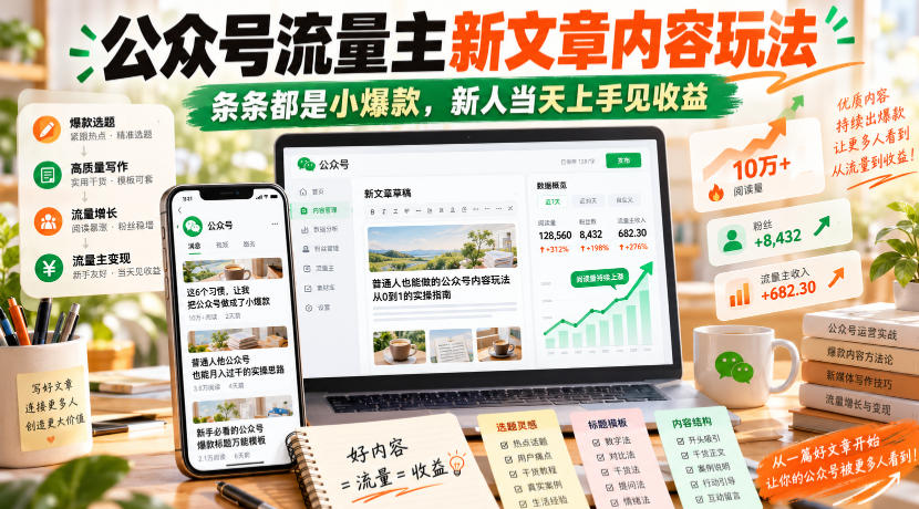 公众号流量主新文章内容玩法，条条都是小爆款，新人当天上手见收益瀚萌资源网-网赚网-网赚项目网-虚拟资源网-国学资源网-易学资源网-本站有全网最新网赚项目-易学课程资源-中医课程资源的在线下载网站！瀚萌资源网