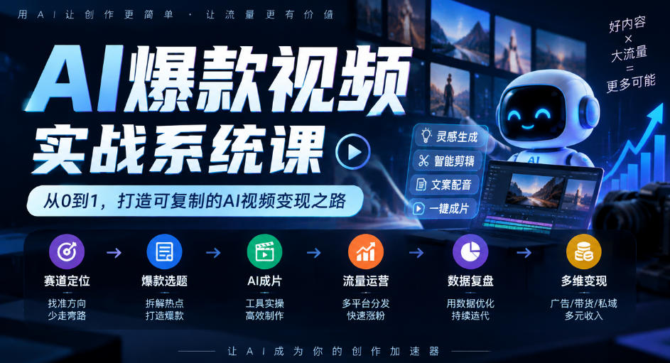 AI爆款视频实战系统课｜赛道定位、爆款选题、AI成片、流量运营、数据复盘、多维变现全链路教学瀚萌资源网-网赚网-网赚项目网-虚拟资源网-国学资源网-易学资源网-本站有全网最新网赚项目-易学课程资源-中医课程资源的在线下载网站！瀚萌资源网
