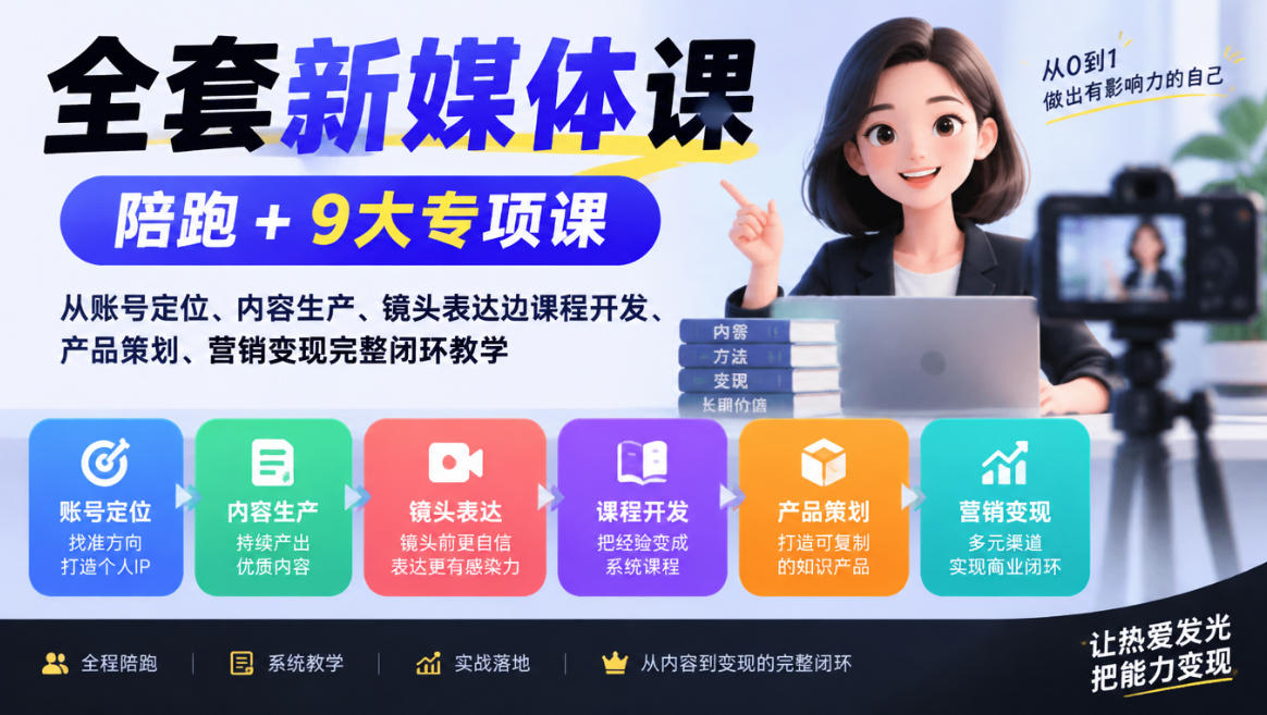 全套新媒体课｜陪跑+9大专项课，从账号定位、内容生产、镜头表达到课程开发、产品策划、营销变现完整闭环教学瀚萌资源网-网赚网-网赚项目网-虚拟资源网-国学资源网-易学资源网-本站有全网最新网赚项目-易学课程资源-中医课程资源的在线下载网站！瀚萌资源网