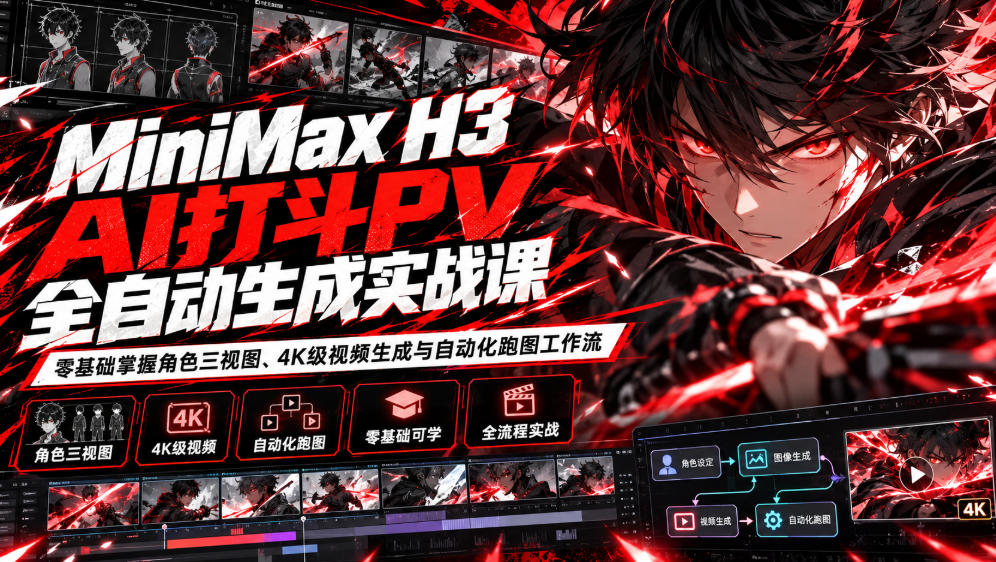 MiniMax H3 AI打斗PV全自动生成实战课：零基础掌握角色三视图、4K级视频生成与自动化跑图工作流瀚萌资源网-网赚网-网赚项目网-虚拟资源网-国学资源网-易学资源网-本站有全网最新网赚项目-易学课程资源-中医课程资源的在线下载网站！瀚萌资源网