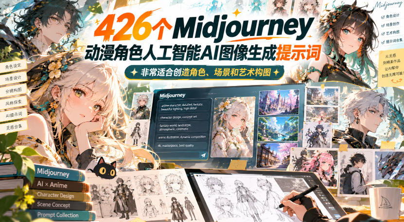 426个Midjourney动漫角色人工智能AI图像生成提示词，非常适合创造角色、场景和艺术构图瀚萌资源网-网赚网-网赚项目网-虚拟资源网-国学资源网-易学资源网-本站有全网最新网赚项目-易学课程资源-中医课程资源的在线下载网站！瀚萌资源网
