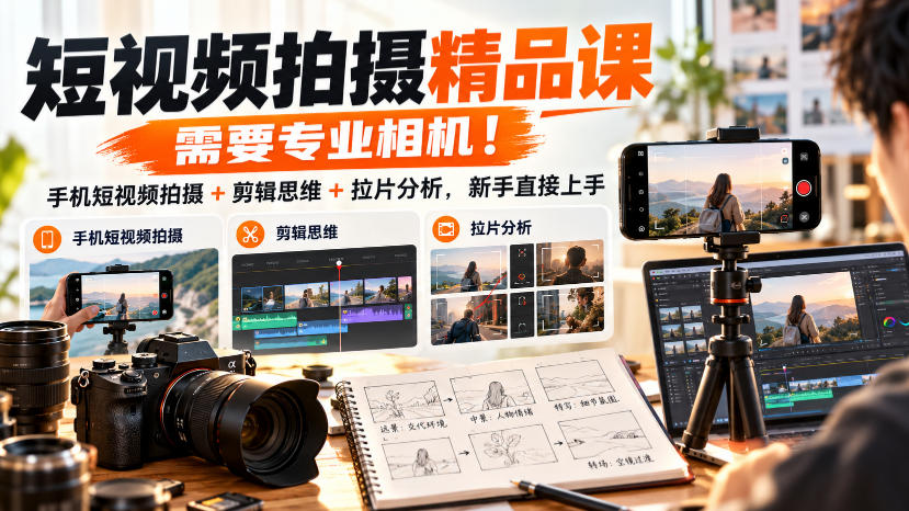 短视频拍摄精品课，需要专业相机！手机短视频拍摄+剪辑思维+拉片分析，新手直接上手瀚萌资源网-网赚网-网赚项目网-虚拟资源网-国学资源网-易学资源网-本站有全网最新网赚项目-易学课程资源-中医课程资源的在线下载网站！瀚萌资源网