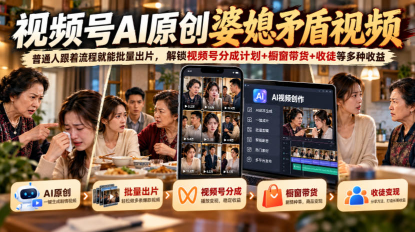 视频号ai原创婆媳矛盾视频，普通人跟着流程就能批量出片，解锁视频号分成计划+橱窗带货+收徒等多种收益瀚萌资源网-网赚网-网赚项目网-虚拟资源网-国学资源网-易学资源网-本站有全网最新网赚项目-易学课程资源-中医课程资源的在线下载网站！瀚萌资源网