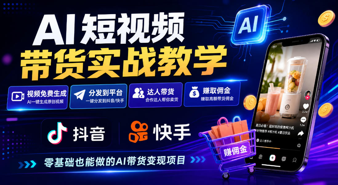 AI短视频带货实战教学，视频免费生成，分发到抖音快手平台，达人带货賺佣金瀚萌资源网-网赚网-网赚项目网-虚拟资源网-国学资源网-易学资源网-本站有全网最新网赚项目-易学课程资源-中医课程资源的在线下载网站！瀚萌资源网