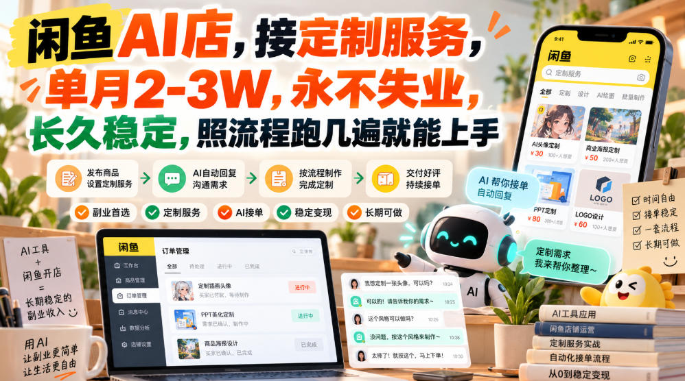 闲鱼AI店，接定制服务，单月2-3W，永不失业，长久稳定，照流程跑几遍就能上手瀚萌资源网-网赚网-网赚项目网-虚拟资源网-国学资源网-易学资源网-本站有全网最新网赚项目-易学课程资源-中医课程资源的在线下载网站！瀚萌资源网