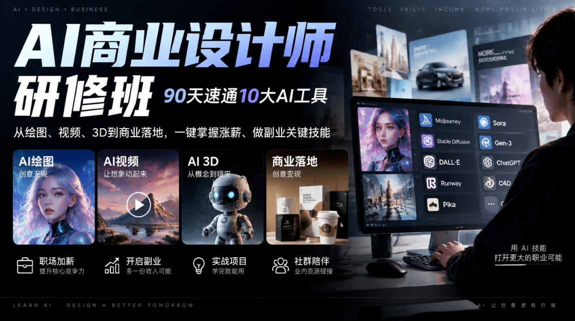 AI商业设计师研修班，90天速通10大AI工具，从绘图、视频、3D到商业落地，一键掌握涨薪、做副业关键技能瀚萌资源网-网赚网-网赚项目网-虚拟资源网-国学资源网-易学资源网-本站有全网最新网赚项目-易学课程资源-中医课程资源的在线下载网站！瀚萌资源网