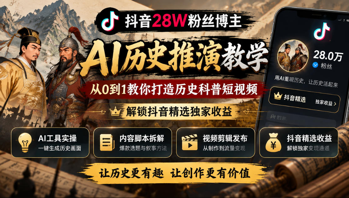 抖音28W粉丝博主的AI历史推演教学，从0到1教你打造历史科普短视频，解锁抖音精选独家收益瀚萌资源网-网赚网-网赚项目网-虚拟资源网-国学资源网-易学资源网-本站有全网最新网赚项目-易学课程资源-中医课程资源的在线下载网站！瀚萌资源网