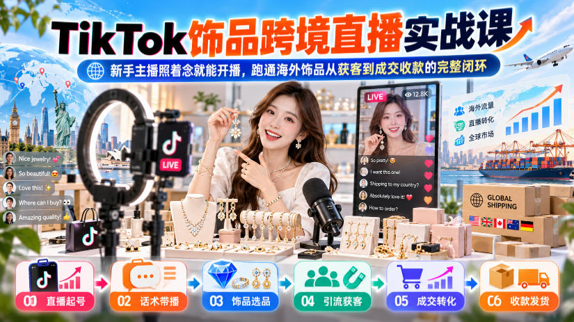 TikTok饰品跨境直播实战课，新手主播照着念就能开播，跑通海外饰品从获客到成交收款的完整闭环瀚萌资源网-网赚网-网赚项目网-虚拟资源网-国学资源网-易学资源网-本站有全网最新网赚项目-易学课程资源-中医课程资源的在线下载网站！瀚萌资源网