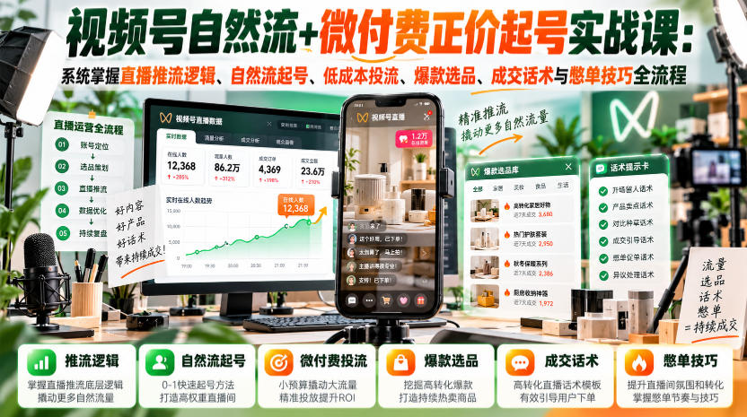 视频号自然流+微付费正价起号实战课：系统掌握直播推流逻辑、自然流起号、低成本投流、爆款选品、成交话术与憋单技巧全流程瀚萌资源网-网赚网-网赚项目网-虚拟资源网-国学资源网-易学资源网-本站有全网最新网赚项目-易学课程资源-中医课程资源的在线下载网站！瀚萌资源网