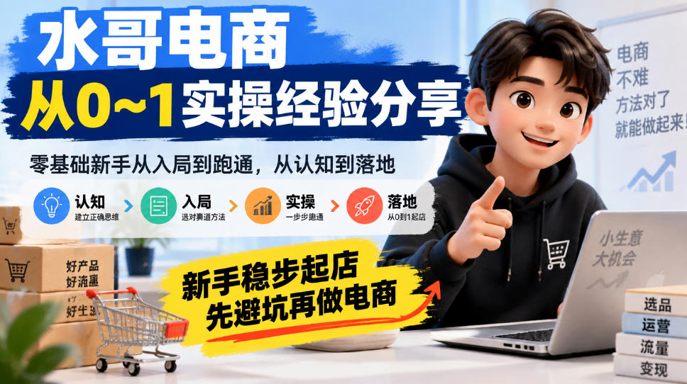 水哥电商从0~1实操经验分享，​零基础新手从入局到跑通，从认知到落地，新手稳步起店，先避坑再做电商瀚萌资源网-网赚网-网赚项目网-虚拟资源网-国学资源网-易学资源网-本站有全网最新网赚项目-易学课程资源-中医课程资源的在线下载网站！瀚萌资源网