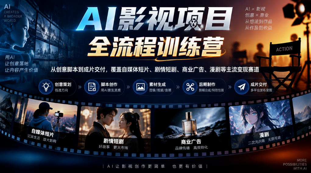 AI影视项目全流程训练营，从创意脚本到成片交付，覆盖自媒体短片、剧情短剧、商业广告、漫剧等主流变现赛道瀚萌资源网-网赚网-网赚项目网-虚拟资源网-国学资源网-易学资源网-本站有全网最新网赚项目-易学课程资源-中医课程资源的在线下载网站！瀚萌资源网